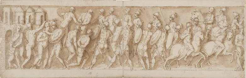 Sarmatiske ledere tas til fange i et overraskelsesangrep, og husene deres settes i brann av romerne (CII); legionærenes og keiserens ankomst (utelatt av Guerra) (CIII)