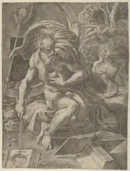 Diogenes satt med tønnen bak seg og leste en bok mens han holdt en stikk..., ca. 1526-27.