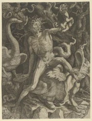 Fury personifisert som en gammel mann som rir på et monster, med en hodeskalle i venstre hånd, ca. 1520-39.