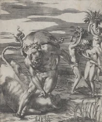 Hercules beseiret elveguden Achelous i form av en okse, med tre kvinner t..., ca. 1526-27.