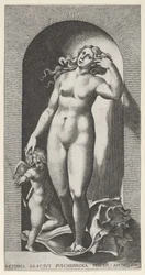 Plate 10: Venus i en nisje, stående på et konkylie, med Amor til høyre, fra en ser..., 1526.