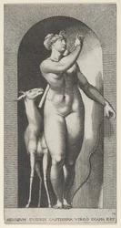 Plate 12: Diana står i en nisje, vrir seg til venstre og trekker en pil ut av en qu..., 1526.