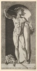 Plate 14: Mercury står i en nisje og spiller sine piper, med det avkuttede hodet til en gammel m..., 1526.