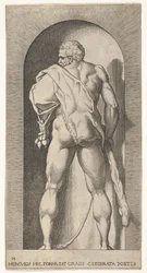 Plate 15: Hercules står i en nisje, iført løveskinn og holder en kølle, sett fra..., 1526.