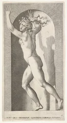 Plate 16: Hebe i en nisje med hendene i været, løper til venstre mens hun ser til ..., 1526.