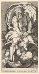 Plate 3: Jupiter dukker opp fra en nisje, rir på en ørn og holder en tordenbolt i l..., 1526.
