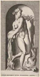Plate 6: Thetis står i en nisje med et skjell og sjødyr, og heller vann ut av en ..., 1526.