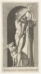 Plate 7: Pluto i en nisje, holder en bident, med Cerberus ved siden av seg, fra en serie av m..., 1526.