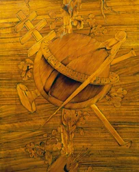Måleinstrumenter, sentral del av innlegg på hjørneskap med enkel stor dør, av Giovanni Maffezzoli (1779-1818), elev av Giuseppe Maggiolini, signert og datert 1798, Italia