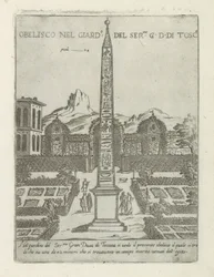 Egyptisk obelisk i hagen til Villa Medici i Roma Obelisco nel giard.o del ser.mo G. D. Di Tosc.a (tittel på objekt) Moderne og gamle monumenter og bygninger i Roma (serietittel) Ornamenti di fabriche antichi et moderni dell