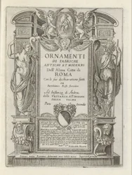 Titteltrykk med allegoriske figurer og putti Moderne og gamle monumenter og bygninger i Roma (serietittel) Ornamenti di fabriche antichi et moderni dell