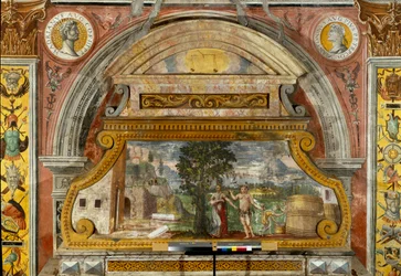 Stjernetegn: "" Balansen""" På toppen medaljonger med portretter av keiserne Hadrian og Antonin den fromme. Den originale fresken er forringet. Scene som viser guddommen Bacchus. Fresco tilskrevet Giovanni Maria Falconetto (1468-1534) 1520 ca.