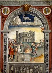 Stjernetegn: “” The belier””” På toppen medaljonger med portretter av Jules Cesar og Augustus. Nedenfor, legende assosiert med fødselen av stjernebildet som tilsvarer tegnet: Caius Mucius Scaevola, introdusert i fiendens leir til etruskisk ki