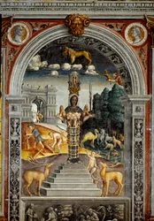 Stjernetegn: "" Løven""" På toppen medaljonger med portretter av keiserne Vitellius og Vespasian. Nedenfor, legende assosiert med fødselen av stjernebildet som tilsvarer tegnet: guddommen Artemis of Efese. Fresco tilskrevet Giovann