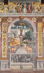 Det astrologiske tegnet til Løven med Diana, to hjorter og en satyr som på en sarkofag i Bleinhaim Palac; i bakgrunnen Arco degli Argentari i Roma og Hercules som kjemper mot Nemean-løven, Chamber of the Zodiac (Camera dello Zodiaco)