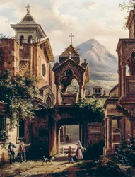Eksteriør av gammelt kloster med personer, av Giovanni Migliara (1785-1837) (signert Teodolinda Migliara), olje om bord