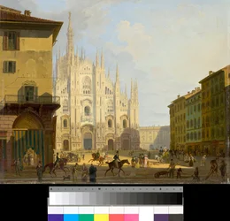 Utsikt over Piazza Duomo i Milano, Italia (Katedralplassen i Milano) Maleri av Giovanni Migliara (1785-1837) 1828 Privat samling