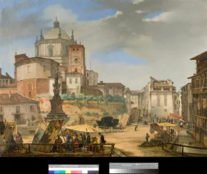 Utsikt over piazza della vetra i Milano, Italia (Utsikt over piazza della Vetra i Milano) Maleri av Giovanni Migliara (1801-1867) 1833 Privat samling