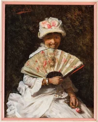 Dame med vifte (olje på lerret)