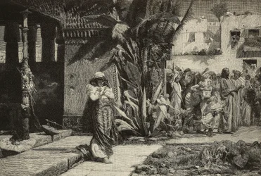 Magdalene, kvinne med turban og prosesjon i landsbyen i Midtøsten, gravering av brødrene Cantagalli fra maleri av Giovanni Muzzioli (1854-1894), Modena, Italia fra L