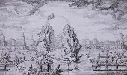 Fyrverkeri for å feire fødselen til Dauphin (sønn av Louis XV) gravert av Jean Dumont (Le Romain) (1701-81) 1730 (radering)