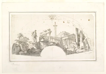 Design for en fan: Capriccio med romerske ruiner og den farnesiske Herkules