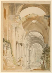 Tegning, romerske ruiner med figurer, ca. 1745