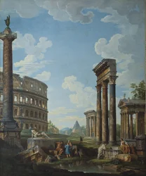 En capriccio med figurer blant romerske ruiner, inkludert Konstantinbuen og Pantheon