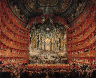 Konsert gitt av kardinal de La Rochefoucauld ved Argentina Theatre i Roma, om ekteskapet til Ludvig den Dauphin (1729-65), sønn av Ludvig XV, med Marie-Josephe av Sachsen (1731-67), 1747 (olje på lerret)