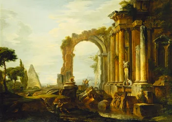 En Capriccio av klassiske ruiner med Cestius-pyramiden og figurer i et landskap,