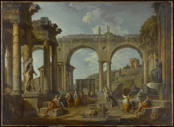 En Capriccio av romerske ruiner med Konstantinbuen, ca. 1755