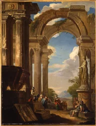 Capricci av romerske ruiner med figurer
