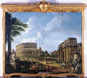 Colosseum og Konstantinbuen av Giovanni Paolo Pannini (1691-1765)
