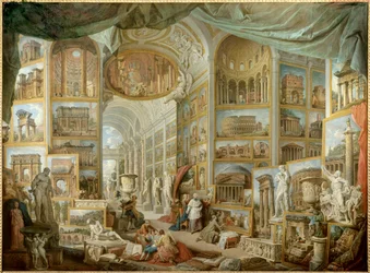 Galleri av en samler. Galleri med utsikt over det gamle Roma. maleri av Giovanni Paolo Pannini (Panini) (1691-1765)
