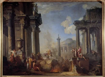 Marcus Curtius kaster seg inn i avgrunnen Den tapre romerske borgeren Marcus Curtius ofret seg til de romerske gudene ved å kaste seg inn i et forum i 362 f.Kr. Maleri av Giovanni Paolo Pannini (Panini) (1691-1765) 1700-tallets søn. 0,99 x 1,34 m