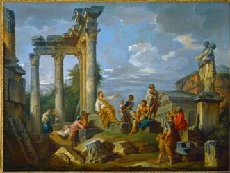 Predikant midt i ruinene i Roma beriket med figurer, med Pantheon og statuen av Flora... (maleri på lerret)
