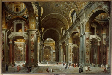 Prelaten, diplomaten og poeten Melchior de Polignac (1661-1741) besøker basilikaen St. Peter av Roma Maleri av Giovanni Paolo Pannini (Panini) (1691-1765) 1730 Dim 1,5x2,25 m - Prelaten, diplomaten og poeten Melchior de Polignac (1661-1741) på besøk