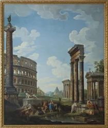 En Capriccio med figurer i romerske ruiner, inkludert Konstantinbuen og Pantheon, Colosseum og Trajans søyle (Trajans søyle eller Colonna Traiana) - Maleri av Giovanni Paolo Panini (Pannini) (1691-1765), olje på lerret, 210.8 x1