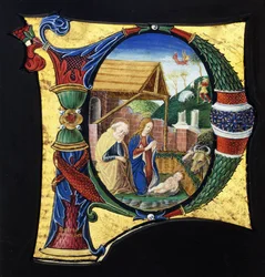 En stor historisk initial "P", som viser en julekrybbe, ca. 1490