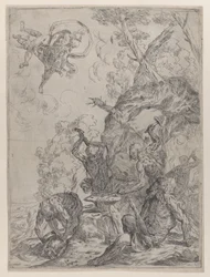 Vulcans smia med smeder som slår en ambolt med hammere..., 1640-59.