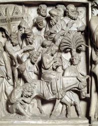 Detalj av relieffene av stolen realisert av Giovanni Pisano (1248-1314): Detalj av relieffene av marmorprekestolen, flukt inn i Egypt 1302-1311 Cathedrale de Pisa (Duomo di Pisa), Italia