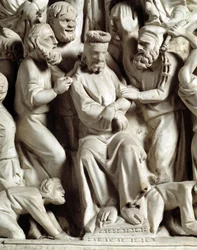 Detalj av relieffene av stolen realisert av Giovanni Pisano (1248-1314): Detalj av relieffene av marmorprekestolen, jesus hånet 1302-1311 Cathedrale of Pisa (Duomo di Pisa), Italia