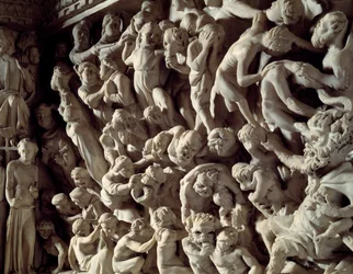 Detalj av relieffene av stolen realisert av Giovanni Pisano (1248-1314): damns (Detalj av relieffene av marmorprekestolen) 1302-1311 Cathedrale de Pisa (Duomo di Pisa), Italia