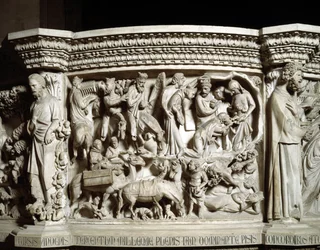 Detalj av relieffene av stolen realisert av Giovanni Pisano (1248-1314): reisen og tilbedelsen av magiene (Detaljer av relieffene av marmorprekestolen, reisen og tilbedelsen av magiene) 1302-1311 Cathedrale of Pisa (Duomo di Pisa), Italia