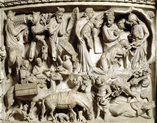 Detalj av relieffene av stolen realisert av Giovanni Pisano (1248-1314): reisen og tilbedelsen av magiene (Detaljer av relieffene av marmorprekestolen, reisen og tilbedelsen av magiene) 1302-1311 Cathedrale of Pisa (Duomo di Pisa), Italia