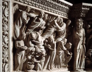Detalj av relieffene av stolen realisert av Giovanni Pisano (1248-1314): kunngjøringen, besøkelsen og fødselen til døperen Johannes (Detaljer av relieffene på marmorprekestolen, kunngjøringen, besøkelsen og fødselen av døperen Johannes) 1302 -1311 Cath