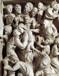 Detalj av relieffene på prekestolen utført ved Giovanni Pisano (1248-1314): Judaskysset (detalj av relieffene på prekestolen i marmor, Judaskysset), 1302-1311. Katedralen i Pisa (Duomo di Pisa), Italia