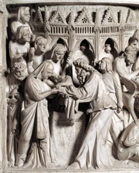Detalj av relieffene av stolen realisert av Giovanni Pisano (1248-1314): presentasjonen av Jesus ved templet (Detaljer av relieffene av marmorprekestolen) 1302-1311 Cathedrale of Pisa (Duomo di Pisa), Italia
