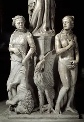 Detalj av de skulpturerte gruppene som støtter stolen realisert av Giovanni Pisano (1248-1314): to kardinaldyder (Detalj av skulpturene som støtter marmorprekestolen, to kardinaldyder) 1302-1311 Cathedrale de Pisa (Duomo di Pisa), Italia