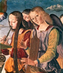 Engler med instrumenter, detalj fra Holy Conversation with Madonna and Child tronet med donor og helgener